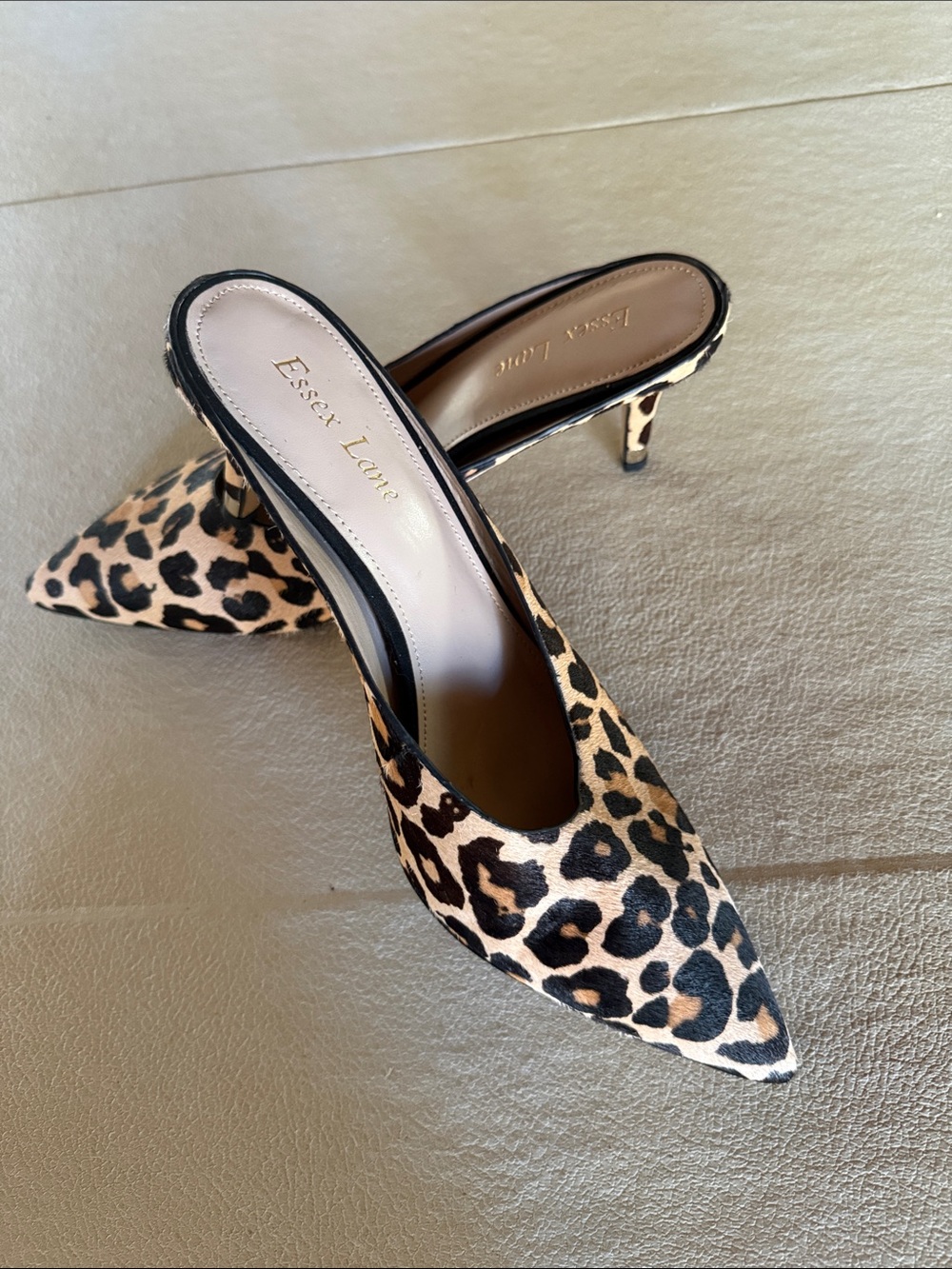 Essex Lane El Gretchen Leopard-Print Cow Hair Pointed Toe Mule Heels and